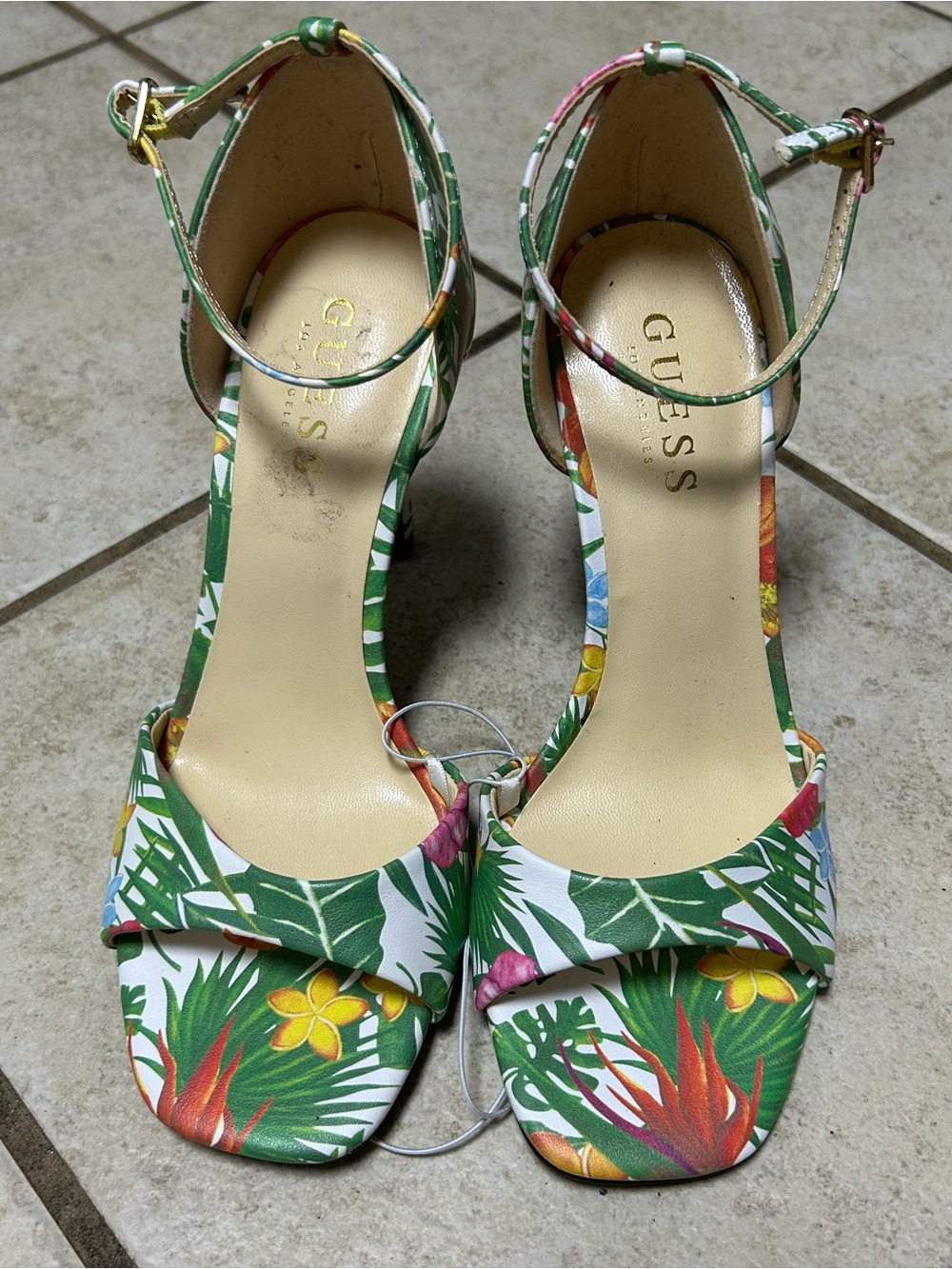 GUESS Tropical Floral Ankle-Strap Heels in Green and White